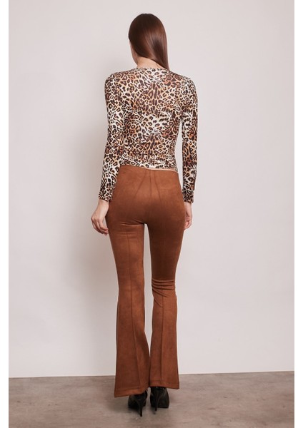 Süet Likralı Kumaş Yüksek Bel Ön Arka Dikişli Isanyol Paça Tayt Pantolon-Taba fırsatları