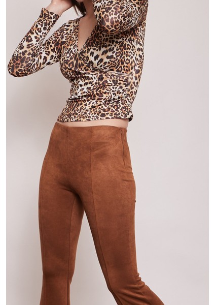 Süet Likralı Kumaş Yüksek Bel Ön Arka Dikişli Isanyol Paça Tayt Pantolon-Taba indirimleri