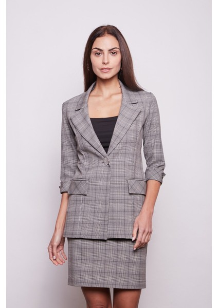 Ekose Desenli Yüksek Bel Diz Üstü Likralı Pamuklu Kumaş Kalem Etek-Lacivert Ekose