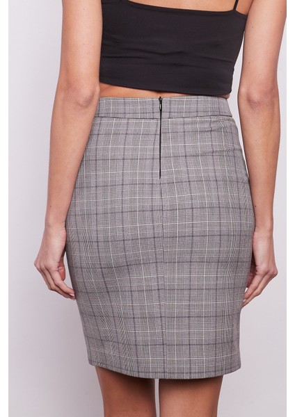 Ekose Desenli Yüksek Bel Diz Üstü Likralı Pamuklu Kumaş Kalem Etek-Lacivert Ekose indirimleri