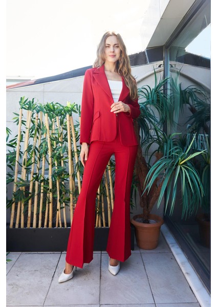 Kadın Yüksek Bel Cepli Ispanyol Paça Önü Dikişli Hafif Likralı Kumaş Pantolon(Ceket Kodu Jument 30080)-KIRMIZI