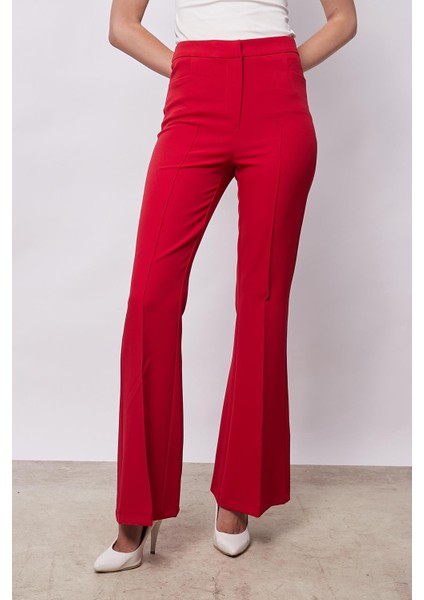 Kadın Yüksek Bel Cepli Ispanyol Paça Önü Dikişli Hafif Likralı Kumaş Pantolon(Ceket Kodu Jument 30080)-KIRMIZI modelleri