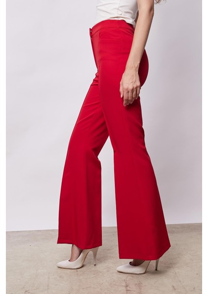 Kadın Yüksek Bel Cepli Ispanyol Paça Önü Dikişli Hafif Likralı Kumaş Pantolon(Ceket Kodu Jument 30080)-KIRMIZI fırsatları