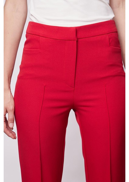 Kadın Yüksek Bel Cepli Ispanyol Paça Önü Dikişli Hafif Likralı Kumaş Pantolon(Ceket Kodu Jument 30080)-KIRMIZI indirimleri