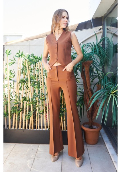 Kadın Yüksek Bel Cepli Ispanyol Paça Önü Dikişli Hafif Likralı Kumaş Pantolon(Ceket Kodu Jument 30080)-TABA fiyatları