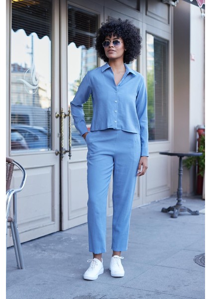 Kadın Likrasız Modal Kumaş Yüksek Bel Beli Lastikli Yan Cepli Dar Paça Bilek Boy Pantolon-Indigo