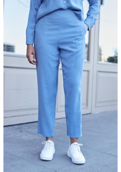 Kadın Likrasız Modal Kumaş Yüksek Bel Beli Lastikli Yan Cepli Dar Paça Bilek Boy Pantolon-Indigo fiyatları