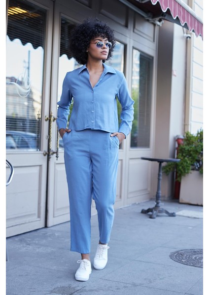 Kadın Likrasız Modal Kumaş Yüksek Bel Beli Lastikli Yan Cepli Dar Paça Bilek Boy Pantolon-Indigo modelleri