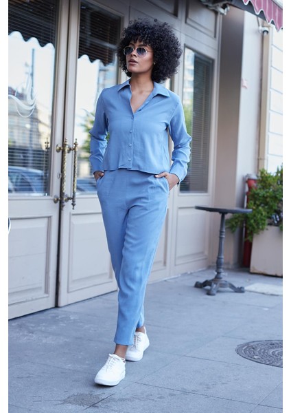 Kadın Likrasız Modal Kumaş Yüksek Bel Beli Lastikli Yan Cepli Dar Paça Bilek Boy Pantolon-Indigo indirimleri