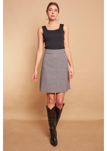 Kadın Tüvit Kumaş Yüksek Bel Çan Etek-Siyah Kazayağı