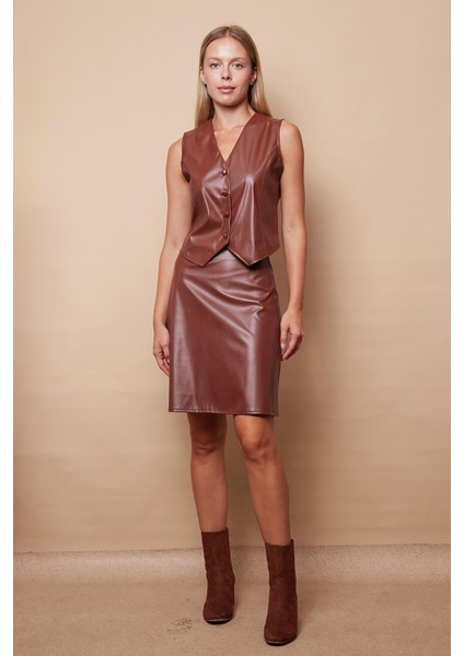 Kadın Hafif Likralı Deri Yüksek Bel Diz Boy Çan Etek-Taba modelleri