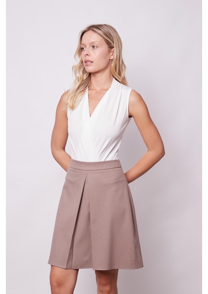 Kadın Yüksek Bel Hafif Likralı Kumaş Pilikaşeli Diz Boy Çan Etek-Vizon fiyatları