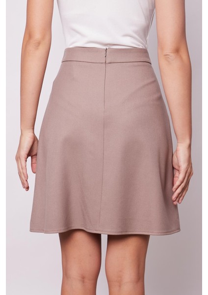 Kadın Yüksek Bel Hafif Likralı Kumaş Pilikaşeli Diz Boy Çan Etek-Vizon fırsatları