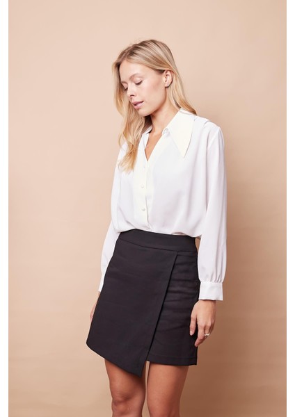 Kadın Pamuklu Hafif Likralı Kalın Kumaş Yüksek Bel Ara Boy Şort Etek-Siyah