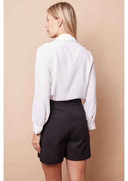 Kadın Pamuklu Hafif Likralı Kalın Kumaş Yüksek Bel Ara Boy Şort Etek-Siyah modelleri