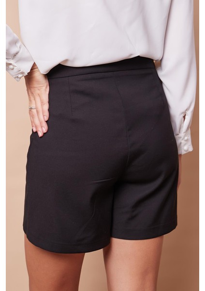 Kadın Pamuklu Hafif Likralı Kalın Kumaş Yüksek Bel Ara Boy Şort Etek-Siyah fırsatları