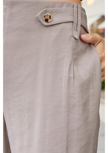 Kadın Ipeksi Modal Kumaş Yüksek Bel Beli Lastikli Apoletli Yan Cepli Bol Paça Palazzo Pantolon-Duman indirimleri
