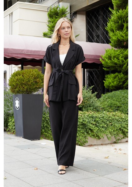 Kadın Ipeksi Modal Kumaş Yüksek Bel Beli Lastikli Apoletli Yan Cepli Bol Paça Palazzo Pantolon-Siyah