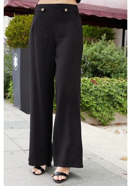 Kadın Ipeksi Modal Kumaş Yüksek Bel Beli Lastikli Apoletli Yan Cepli Bol Paça Palazzo Pantolon-Siyah fiyatları