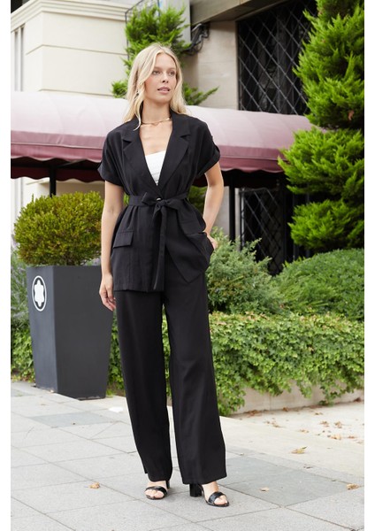 Kadın Ipeksi Modal Kumaş Yüksek Bel Beli Lastikli Apoletli Yan Cepli Bol Paça Palazzo Pantolon-Siyah modelleri