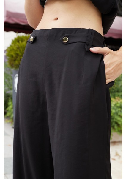 Kadın Ipeksi Modal Kumaş Yüksek Bel Beli Lastikli Apoletli Yan Cepli Bol Paça Palazzo Pantolon-Siyah fırsatları