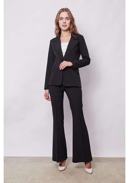 Kadın Yüksek Bel Cepli Ispanyol Paça Önü Dikişli Hafif Likralı Kumaş Pantolon(Ceket Kodu Jument 30080)-SIYAH