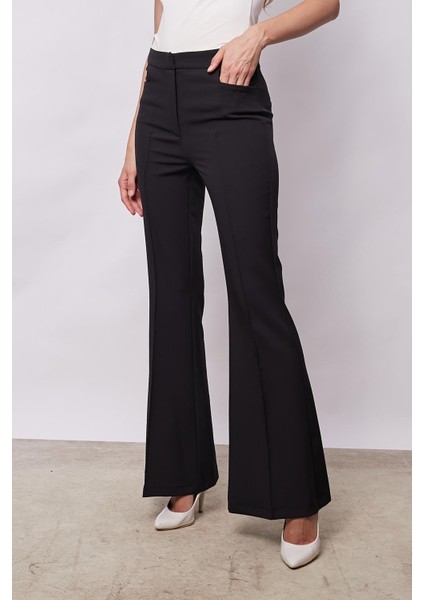 Kadın Yüksek Bel Cepli Ispanyol Paça Önü Dikişli Hafif Likralı Kumaş Pantolon(Ceket Kodu Jument 30080)-SIYAH indirimleri