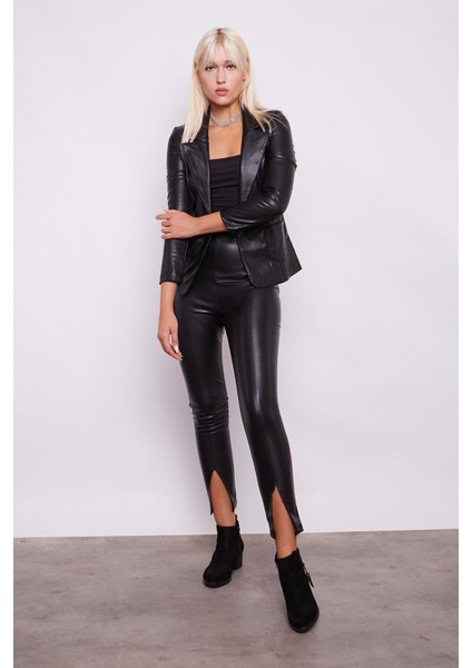 Ekolojik Suni Deri Yüksek Bel Dar Paçalı Önü Yırtmaçlı Pantolon -Siyah