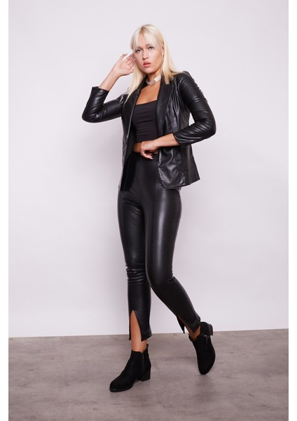 Ekolojik Suni Deri Yüksek Bel Dar Paçalı Önü Yırtmaçlı Pantolon -Siyah fiyatları