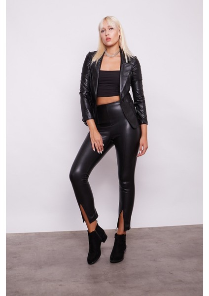 Ekolojik Suni Deri Yüksek Bel Dar Paçalı Önü Yırtmaçlı Pantolon -Siyah modelleri