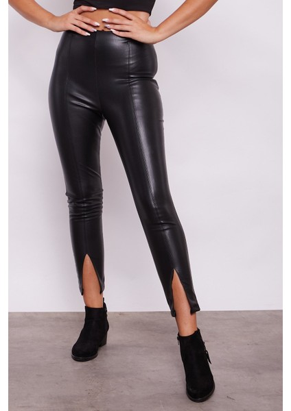 Ekolojik Suni Deri Yüksek Bel Dar Paçalı Önü Yırtmaçlı Pantolon -Siyah indirimleri