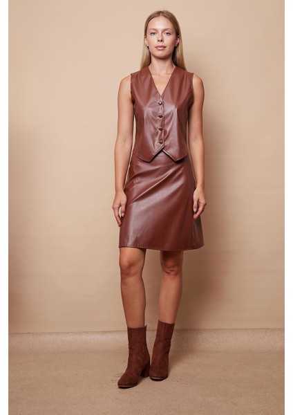 Kadın Hafif Likralı Deri Yüksek Bel Diz Boy Çan Etek-Taba fırsatları