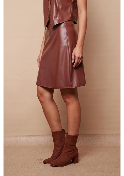 Kadın Hafif Likralı Deri Yüksek Bel Diz Boy Çan Etek-Taba indirimleri