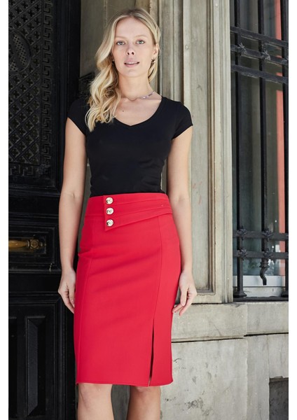 Kadın Yüksek Bel Gold Metal Düğme Detaylı Önden Yırtmaçlı Diz Altı Hafif Likralı Kumaş Kalem Etek-Kırmızı