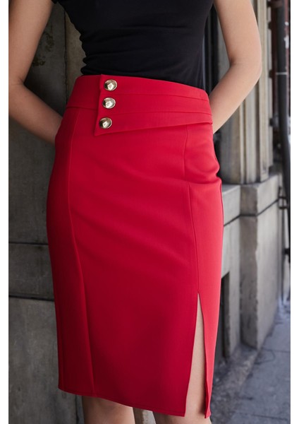 Kadın Yüksek Bel Gold Metal Düğme Detaylı Önden Yırtmaçlı Diz Altı Hafif Likralı Kumaş Kalem Etek-Kırmızı fırsatları