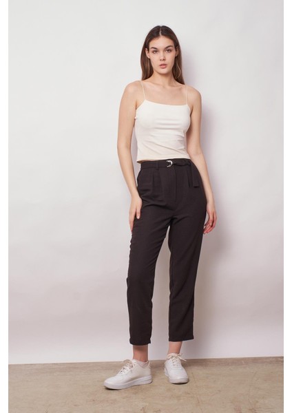 Keten Yüksek Bel Pileli Beli Lastikli Kemerli Boyfriend Pantolon-Siyah