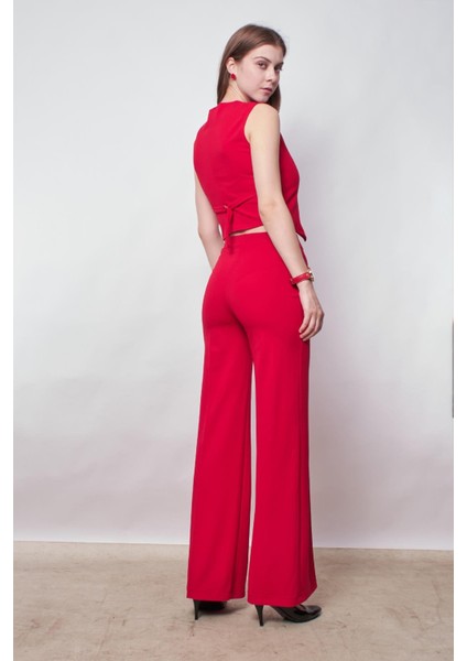 Likralı Krep Kumaş Önü Dikişli Beli Lastikli Bol Paça Pantolon-Kırmızı modelleri