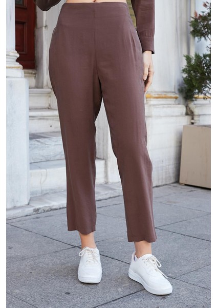 Kadın Likrasız Modal Kumaş Yüksek Bel Beli Lastikli Yan Cepli Dar Paça Bilek Boy Pantolon-Kahve modelleri