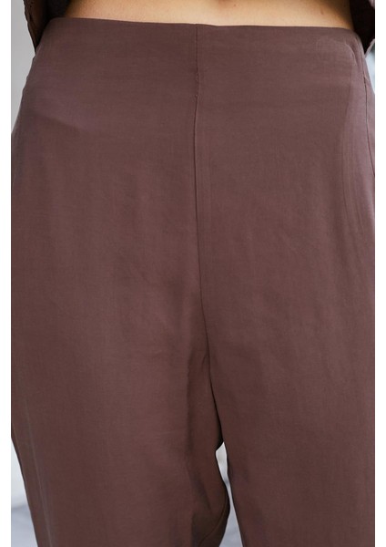 Kadın Likrasız Modal Kumaş Yüksek Bel Beli Lastikli Yan Cepli Dar Paça Bilek Boy Pantolon-Kahve fırsatları