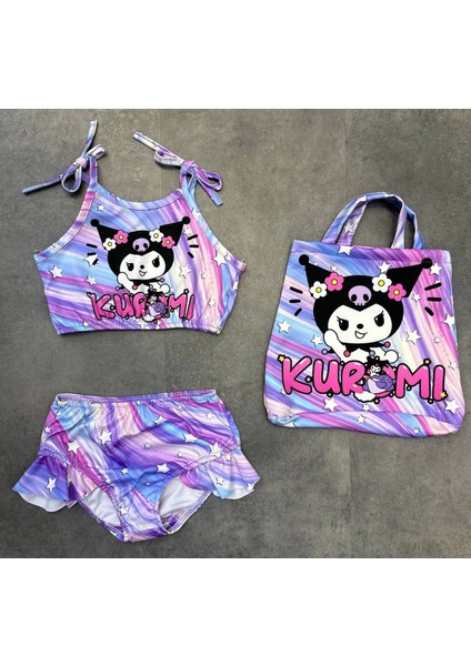 Kız Çocuk Kuromi Yıldızlı Çantalı Üç Parça Bikini Takımı