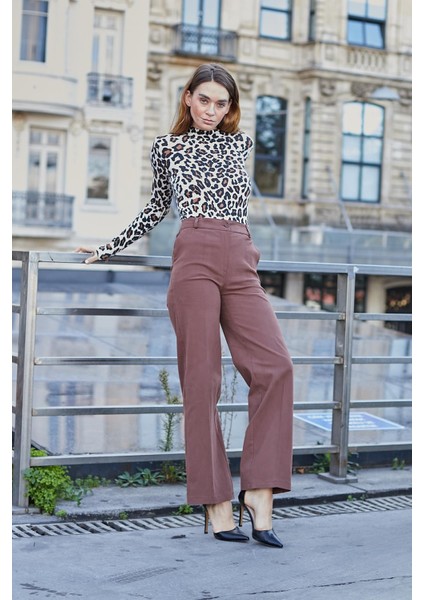 Kadın Gabardin Kanvas Pamuklu Hafif Likralı Bol Kesim Cepli Palazzo Pantolon-Kahve