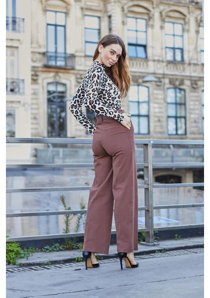 Kadın Gabardin Kanvas Pamuklu Hafif Likralı Bol Kesim Cepli Palazzo Pantolon-Kahve modelleri