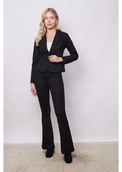 Kadın Kadife Likralı Yumuşak Dokulu Yüksek Bel Ön Arka Dikişli Ispanyol Paça Pantolon-Siyah