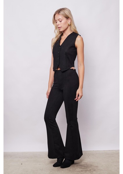 Kadın Kadife Likralı Yumuşak Dokulu Yüksek Bel Ön Arka Dikişli Ispanyol Paça Pantolon-Siyah fiyatları