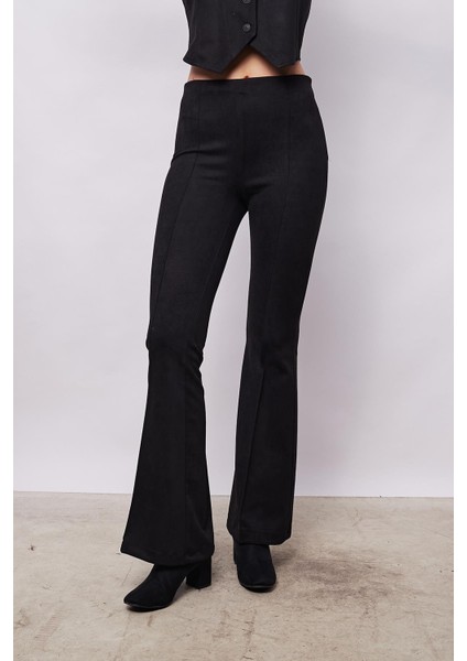 Kadın Kadife Likralı Yumuşak Dokulu Yüksek Bel Ön Arka Dikişli Ispanyol Paça Pantolon-Siyah modelleri