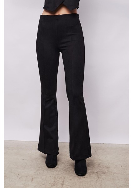 Kadın Kadife Likralı Yumuşak Dokulu Yüksek Bel Ön Arka Dikişli Ispanyol Paça Pantolon-Siyah fırsatları