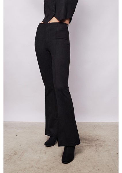 Kadın Kadife Likralı Yumuşak Dokulu Yüksek Bel Ön Arka Dikişli Ispanyol Paça Pantolon-Siyah indirimleri
