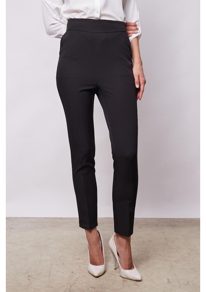 Kadın Yüksek Bel Yan Cepli Dar Paça Hafif Likralı Kumaş Pantolon-Siyah fiyatları