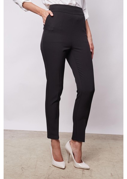 Kadın Yüksek Bel Yan Cepli Dar Paça Hafif Likralı Kumaş Pantolon-Siyah fırsatları