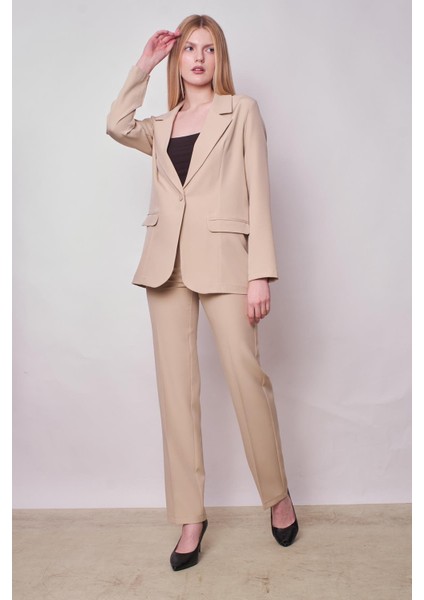 Kadın Yüksek Bel Yan Cepli Boru Paça Şık Kırışmaz Hafif Likralı Kumaş Klasik Pantolon(Ceket Jument 30074)-TAŞ